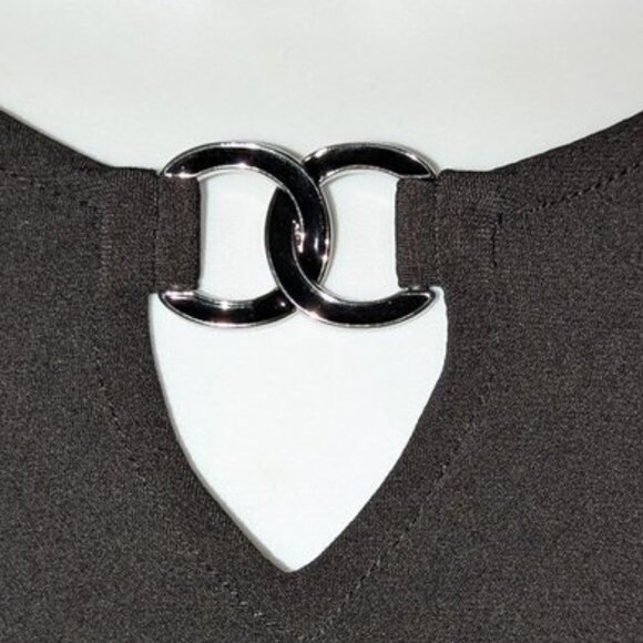 Susan Graver Solid 3/4 Sleeve Liquid Knit Knee Length Midi Enamel Accent Dress - Picture 3 of 3